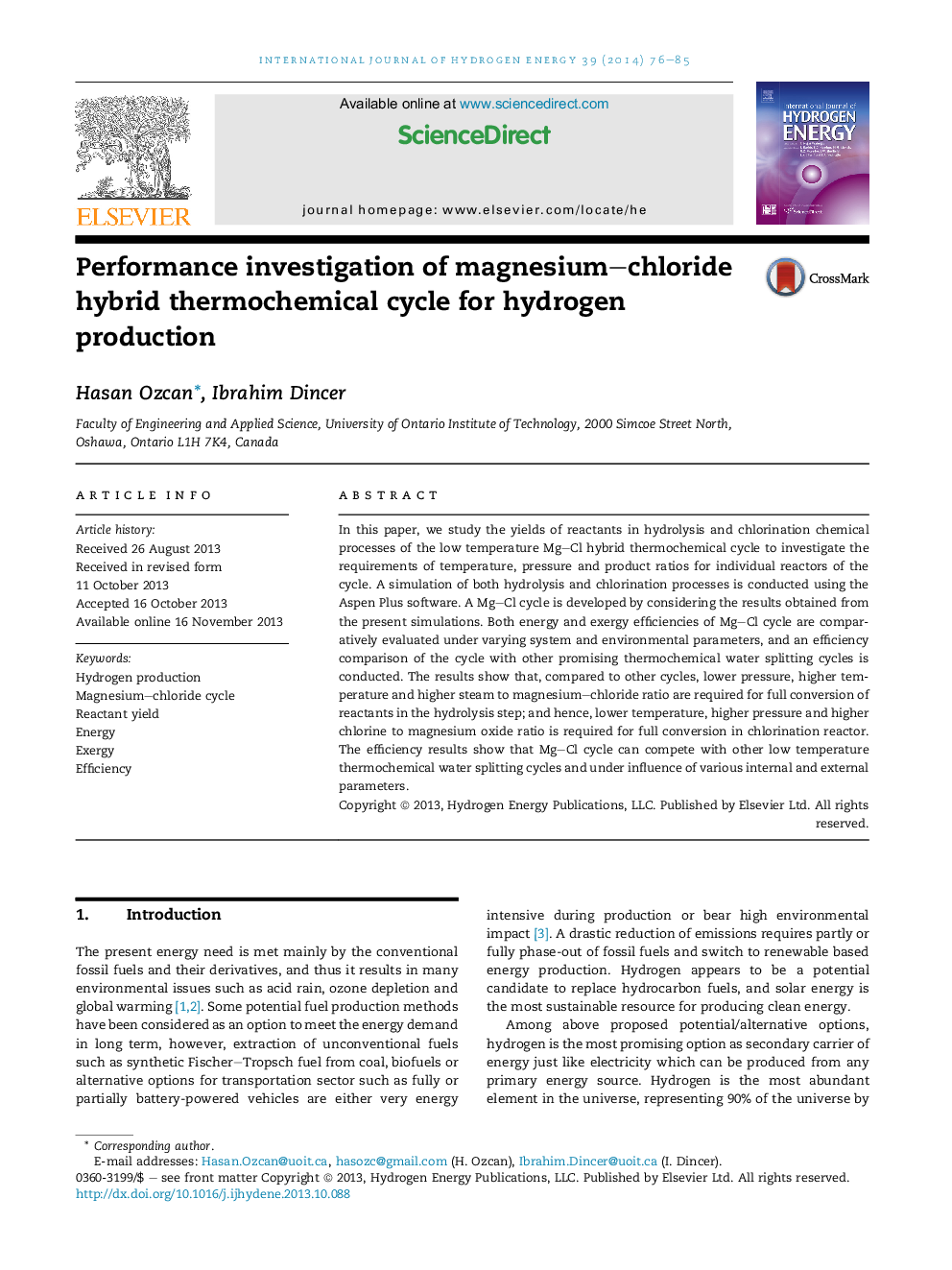 Performance investigation of magnesium–chloride hybrid thermochemical cycle for hydrogen production