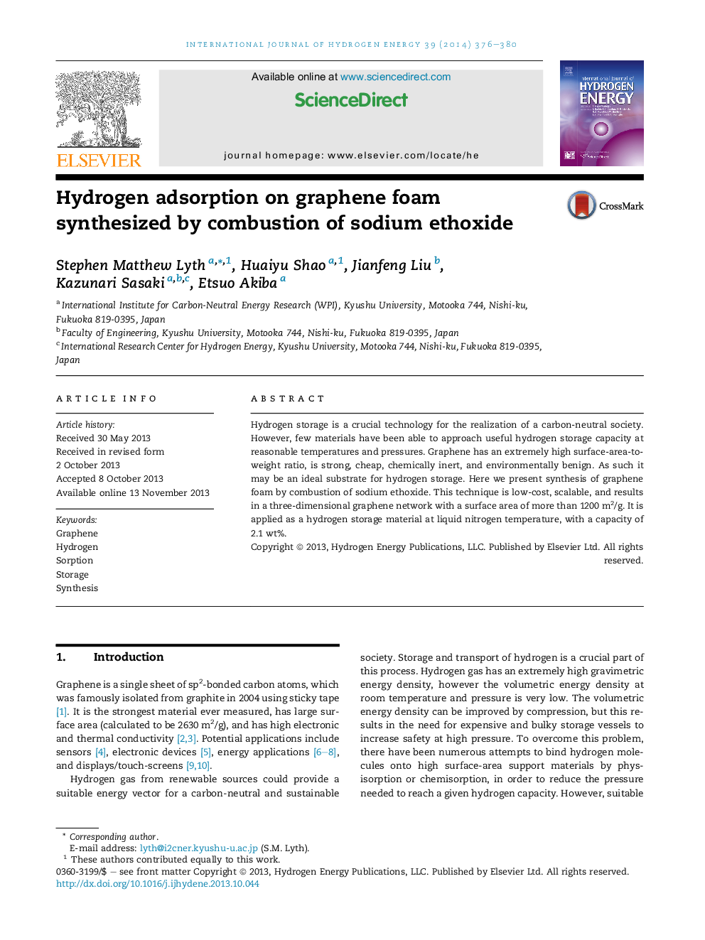 Hydrogen adsorption on graphene foam synthesized by combustion of sodium ethoxide