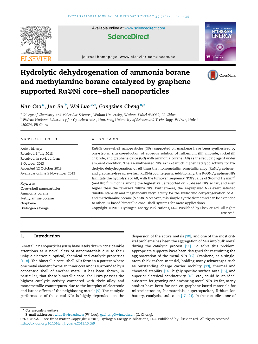 Hydrolytic dehydrogenation of ammonia borane and methylamine borane catalyzed by graphene supported Ru@Ni core–shell nanoparticles