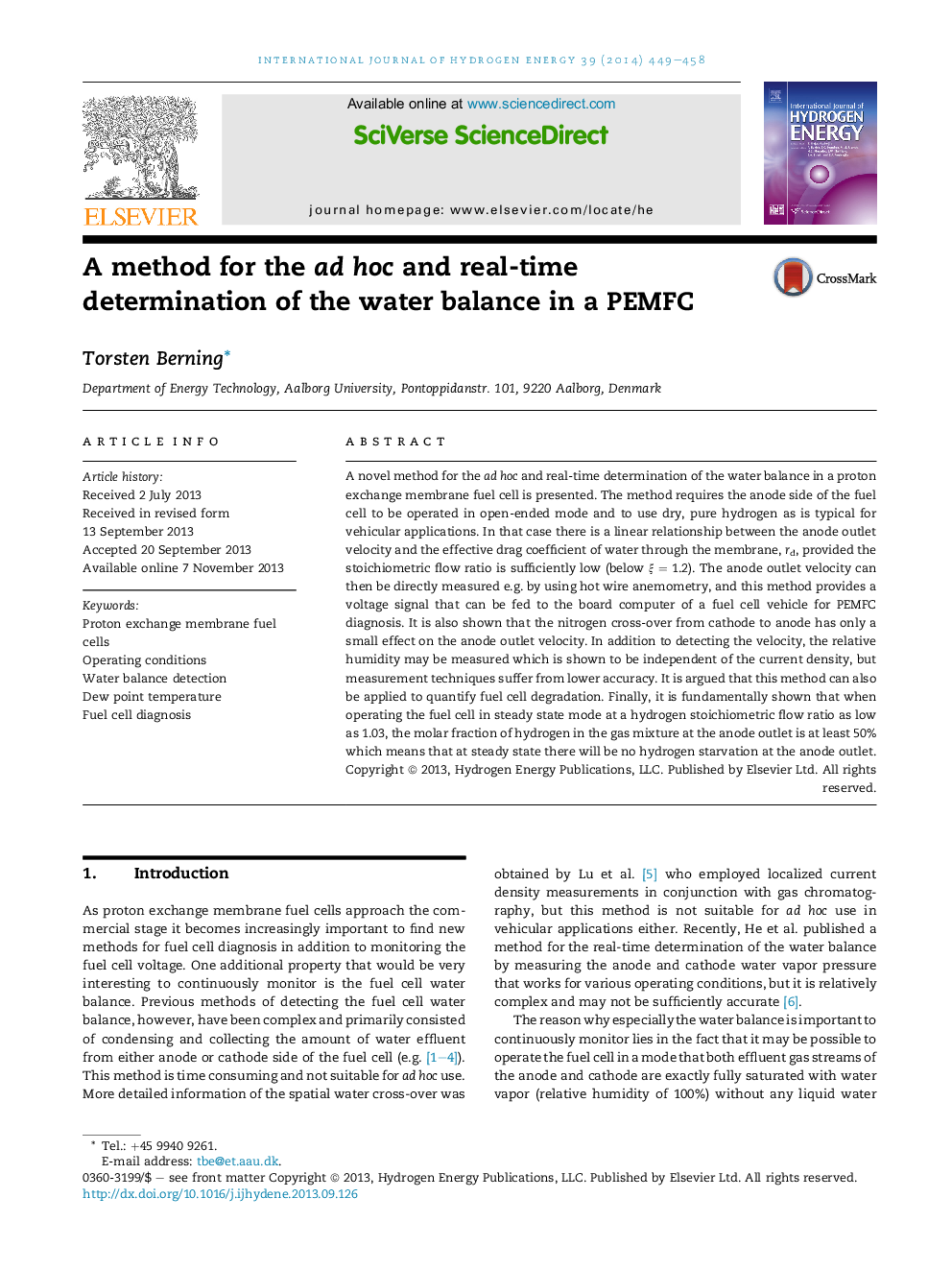 A method for the ad hoc and real-time determination of the water balance in a PEMFC