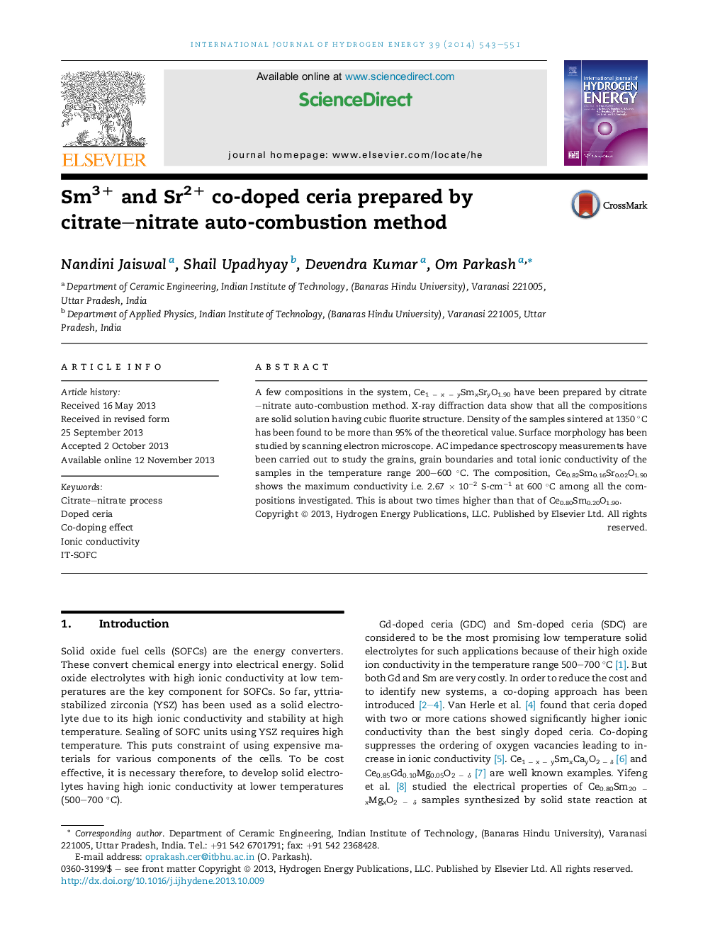 Sm3+ and Sr2+ co-doped ceria prepared by citrate–nitrate auto-combustion method