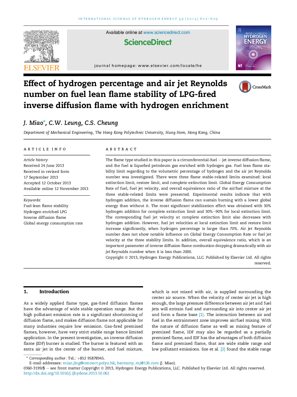 Effect of hydrogen percentage and air jet Reynolds number on fuel lean flame stability of LPG-fired inverse diffusion flame with hydrogen enrichment