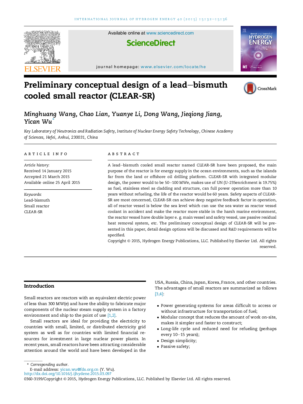 Preliminary conceptual design of a lead–bismuth cooled small reactor (CLEAR-SR)