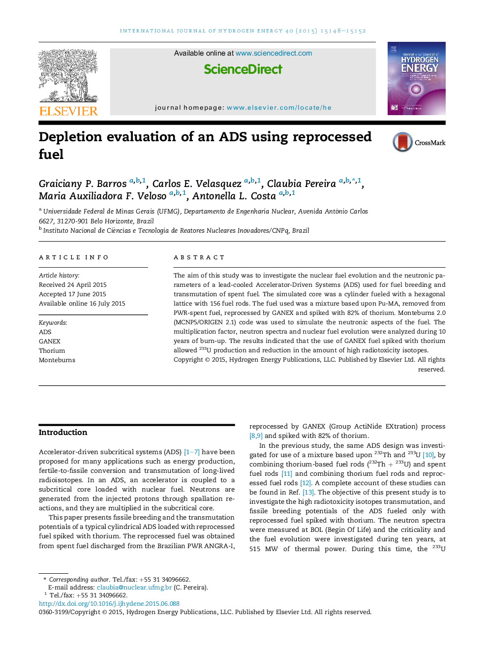 Depletion evaluation of an ADS using reprocessed fuel