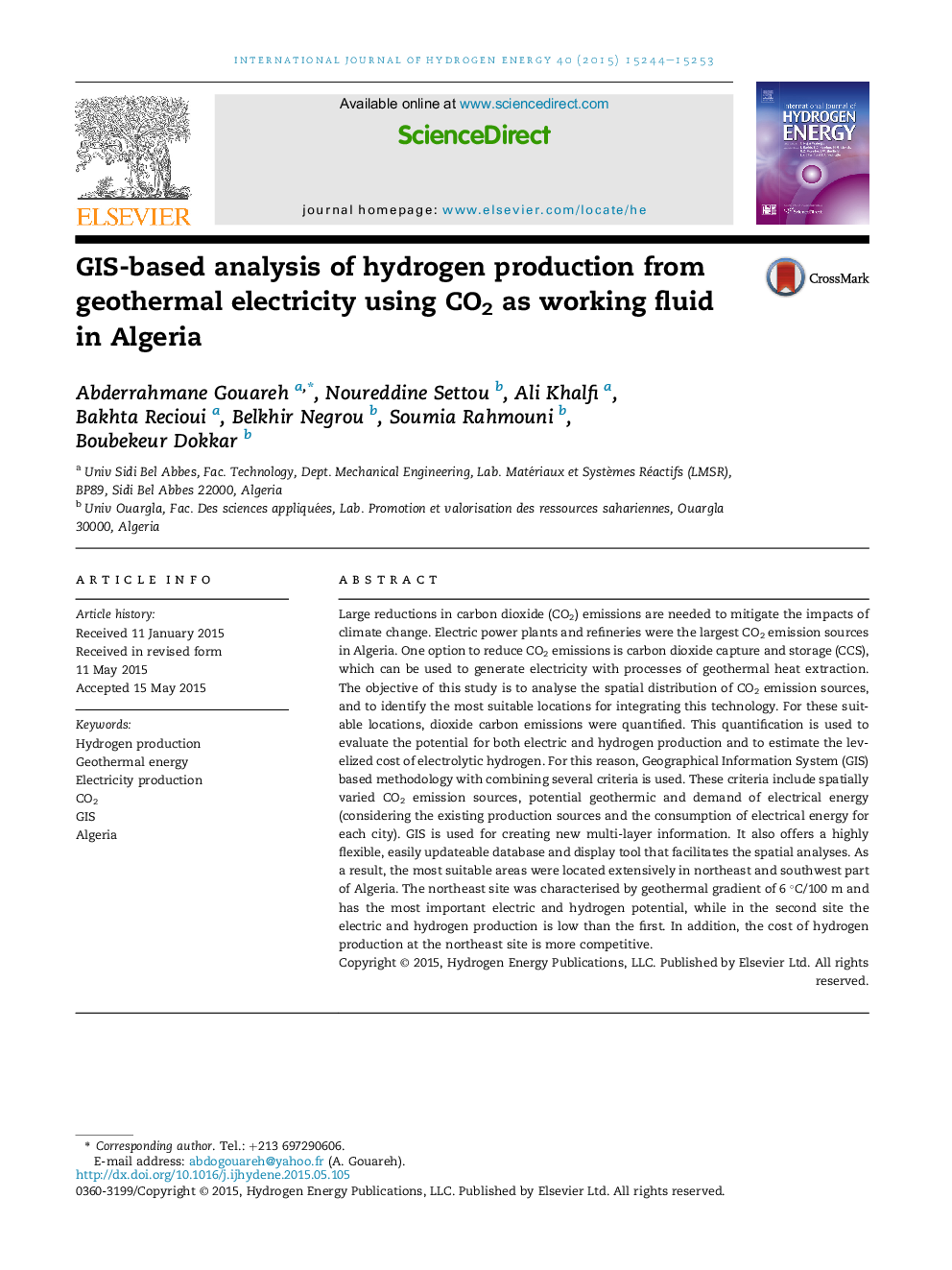 GIS-based analysis of hydrogen production from geothermal electricity using CO2 as working fluid in Algeria