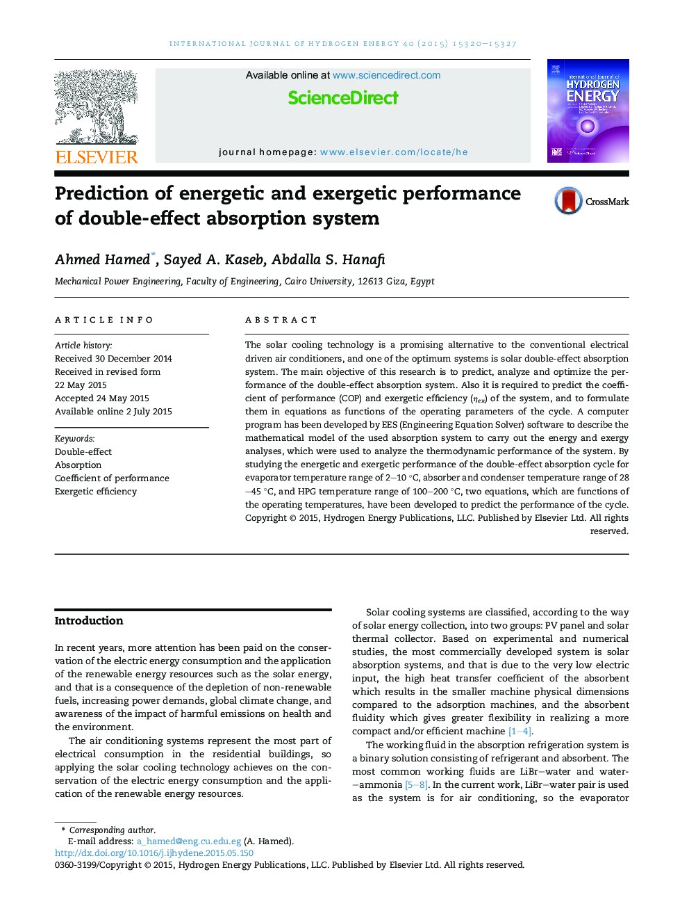 Prediction of energetic and exergetic performance of double-effect absorption system