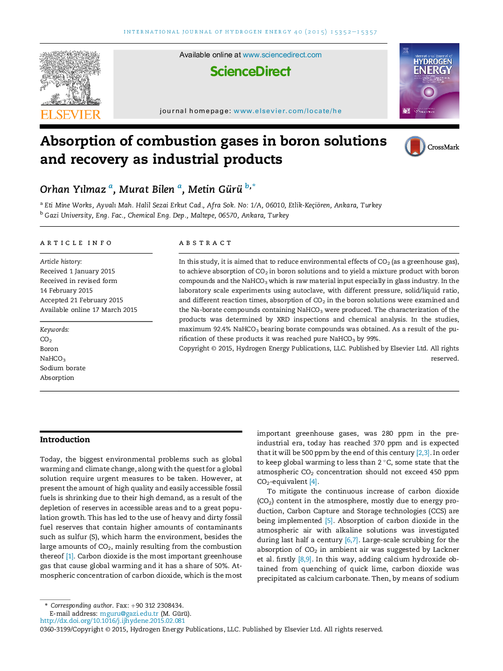 Absorption of combustion gases in boron solutions and recovery as industrial products