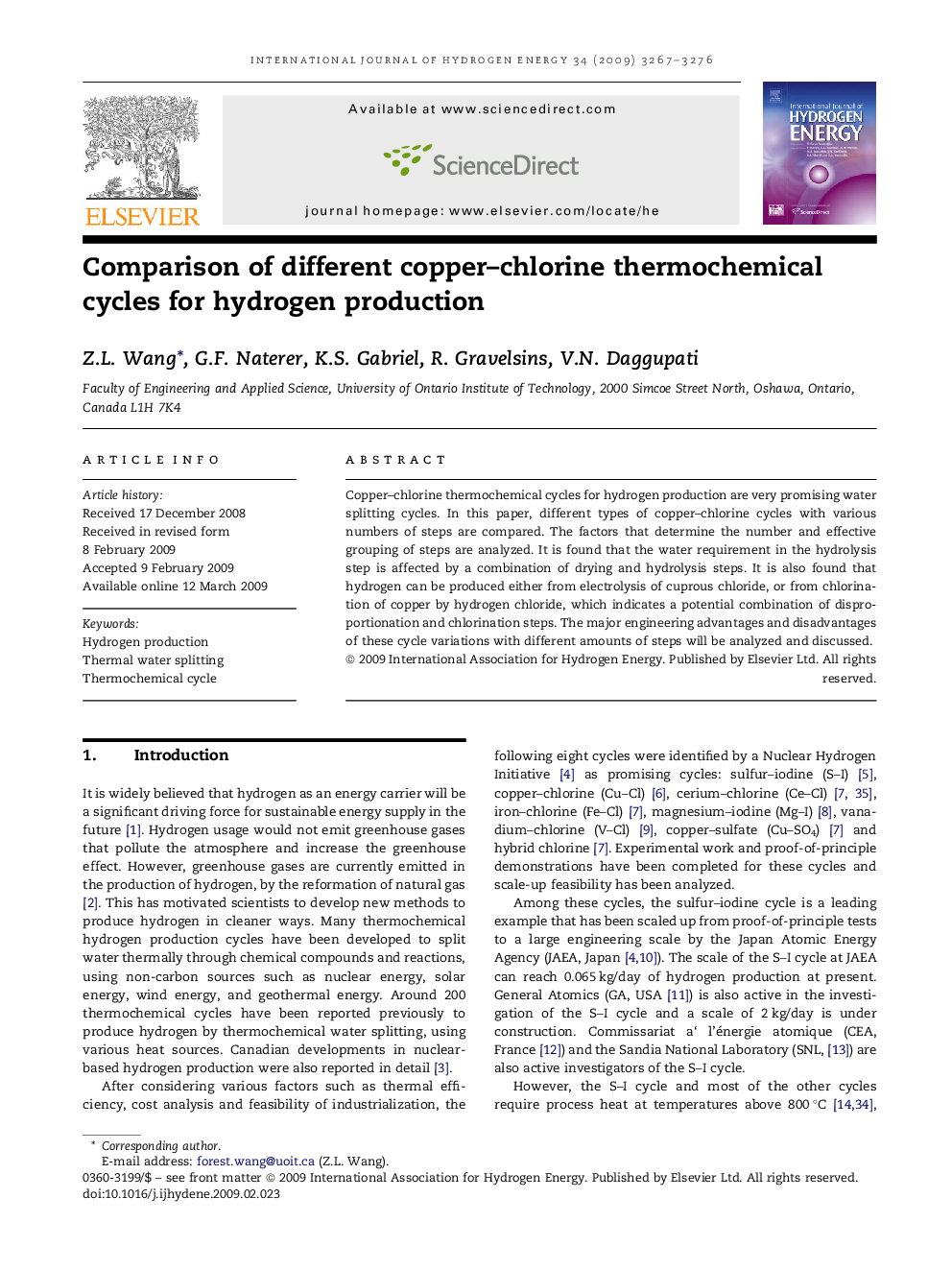 Comparison of different copper–chlorine thermochemical cycles for hydrogen production