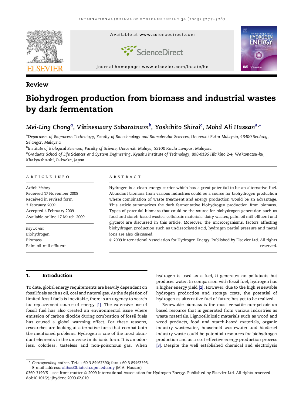 Biohydrogen production from biomass and industrial wastes by dark fermentation