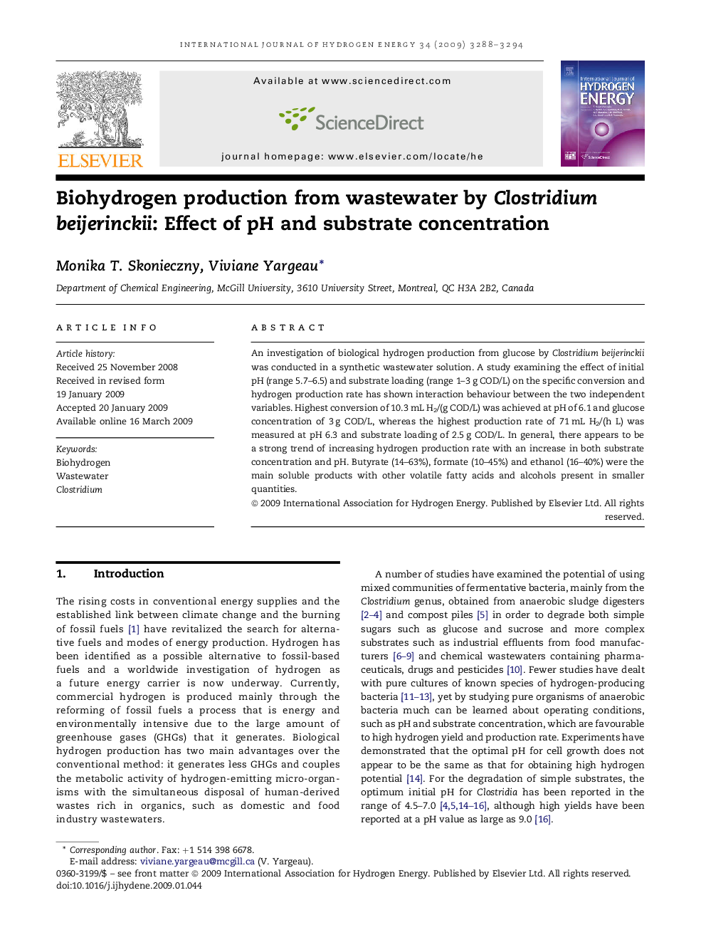 Biohydrogen production from wastewater by Clostridium beijerinckii: Effect of pH and substrate concentration