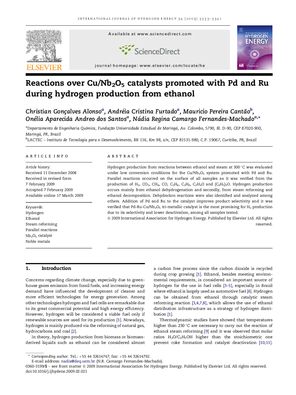 Reactions over Cu/Nb2O5 catalysts promoted with Pd and Ru during hydrogen production from ethanol