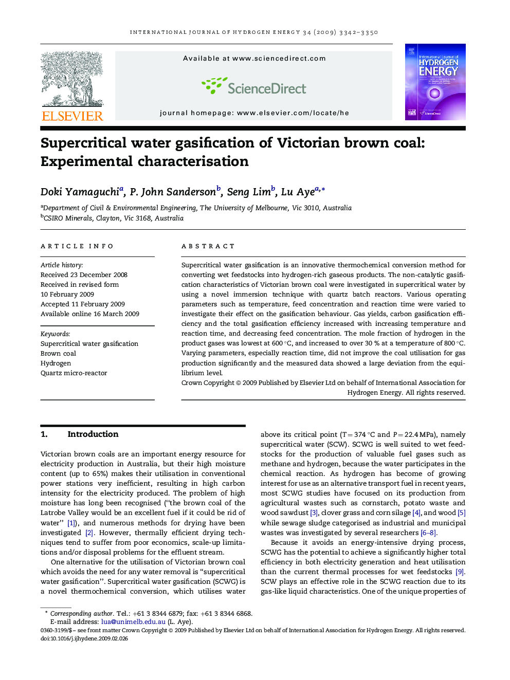 Supercritical water gasification of Victorian brown coal: Experimental characterisation