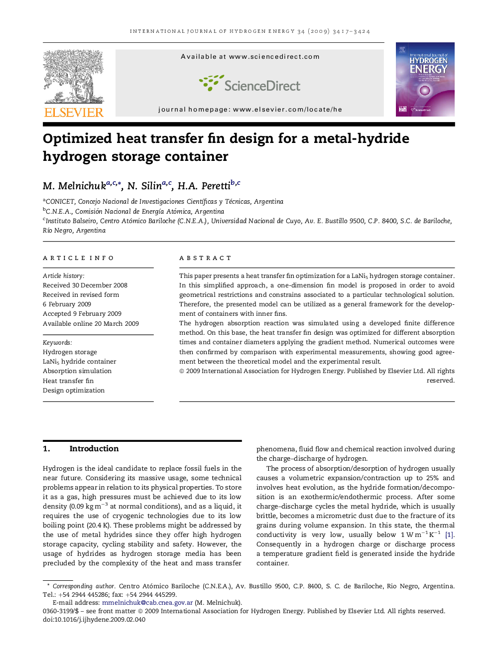 Optimized heat transfer fin design for a metal-hydride hydrogen storage container