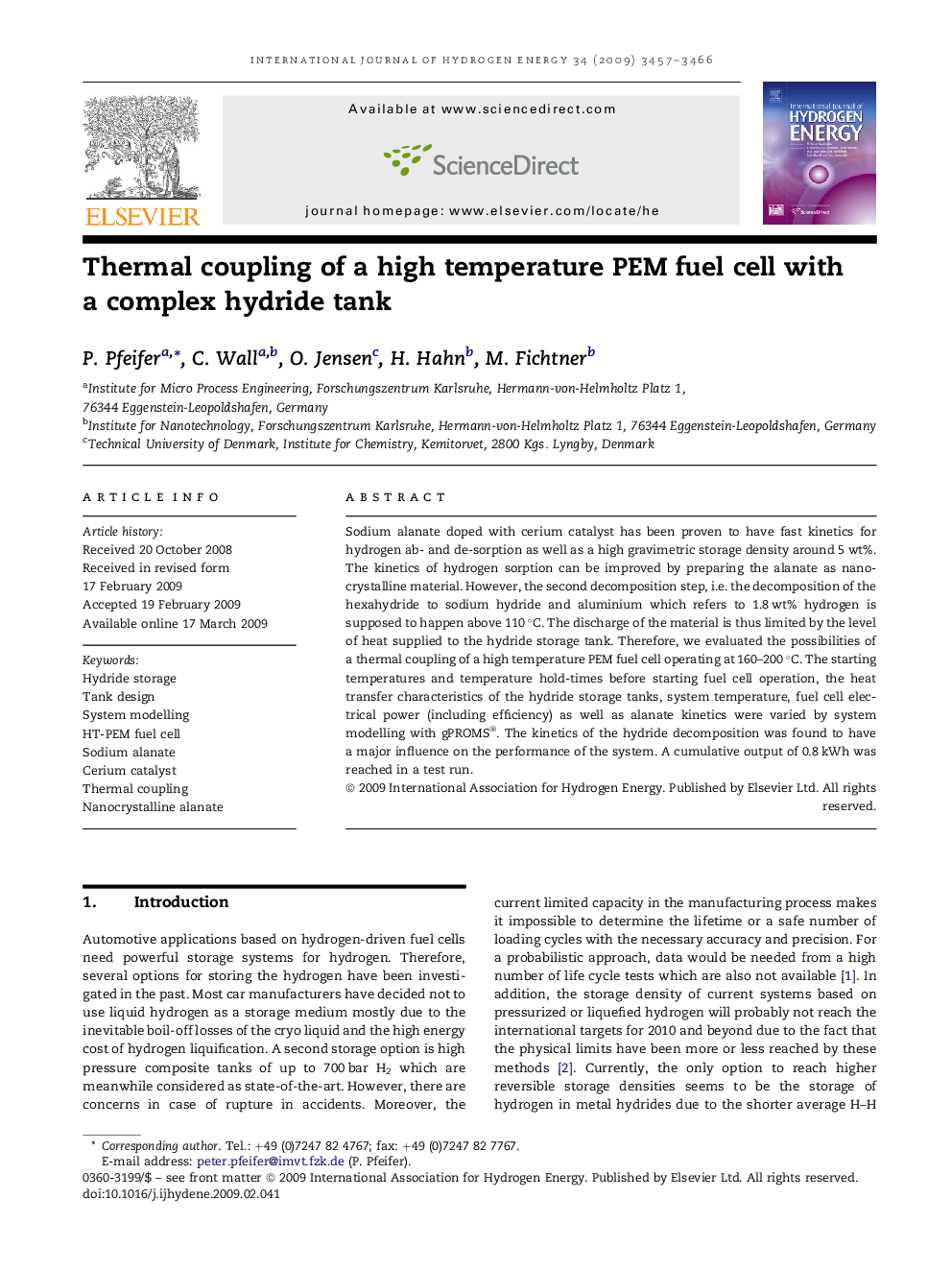 Thermal coupling of a high temperature PEM fuel cell with a complex hydride tank