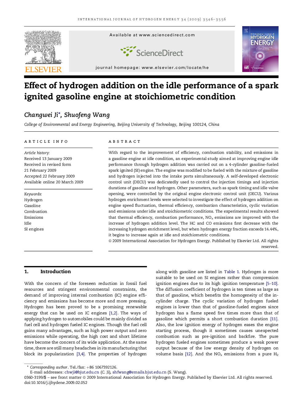 Effect of hydrogen addition on the idle performance of a spark ignited gasoline engine at stoichiometric condition