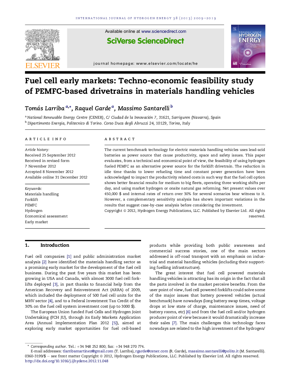 Fuel cell early markets: Techno-economic feasibility study of PEMFC-based drivetrains in materials handling vehicles