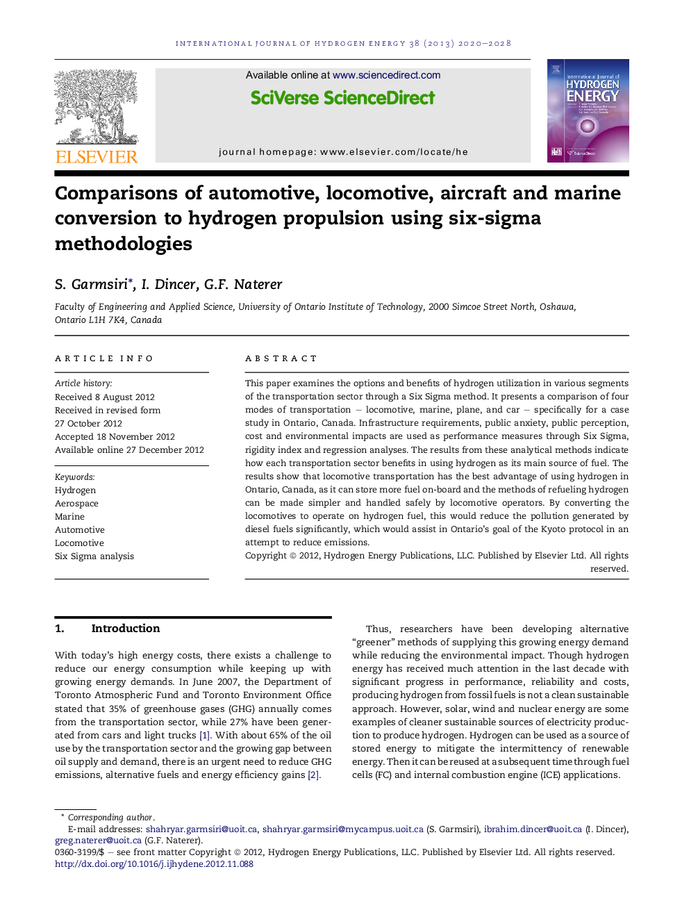 Comparisons of automotive, locomotive, aircraft and marine conversion to hydrogen propulsion using six-sigma methodologies