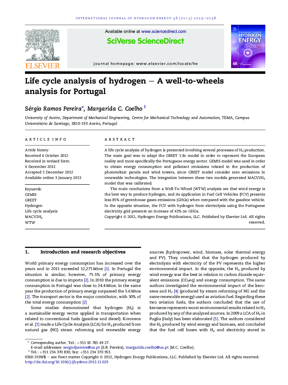 Life cycle analysis of hydrogen – A well-to-wheels analysis for Portugal