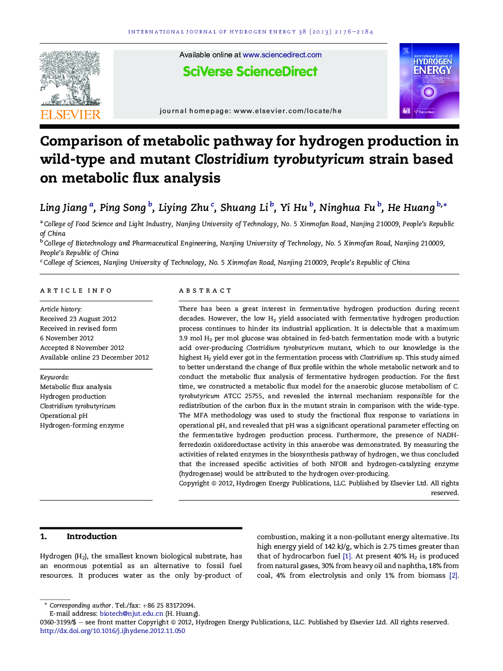 Comparison of metabolic pathway for hydrogen production in wild-type and mutant Clostridium tyrobutyricum strain based on metabolic flux analysis