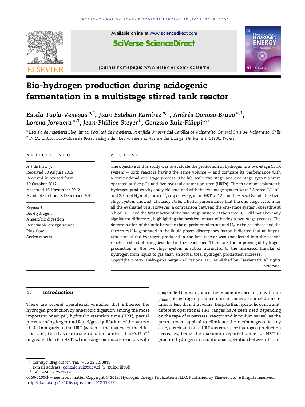 Bio-hydrogen production during acidogenic fermentation in a multistage stirred tank reactor