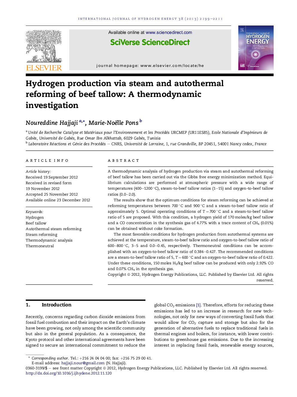 Hydrogen production via steam and autothermal reforming of beef tallow: A thermodynamic investigation