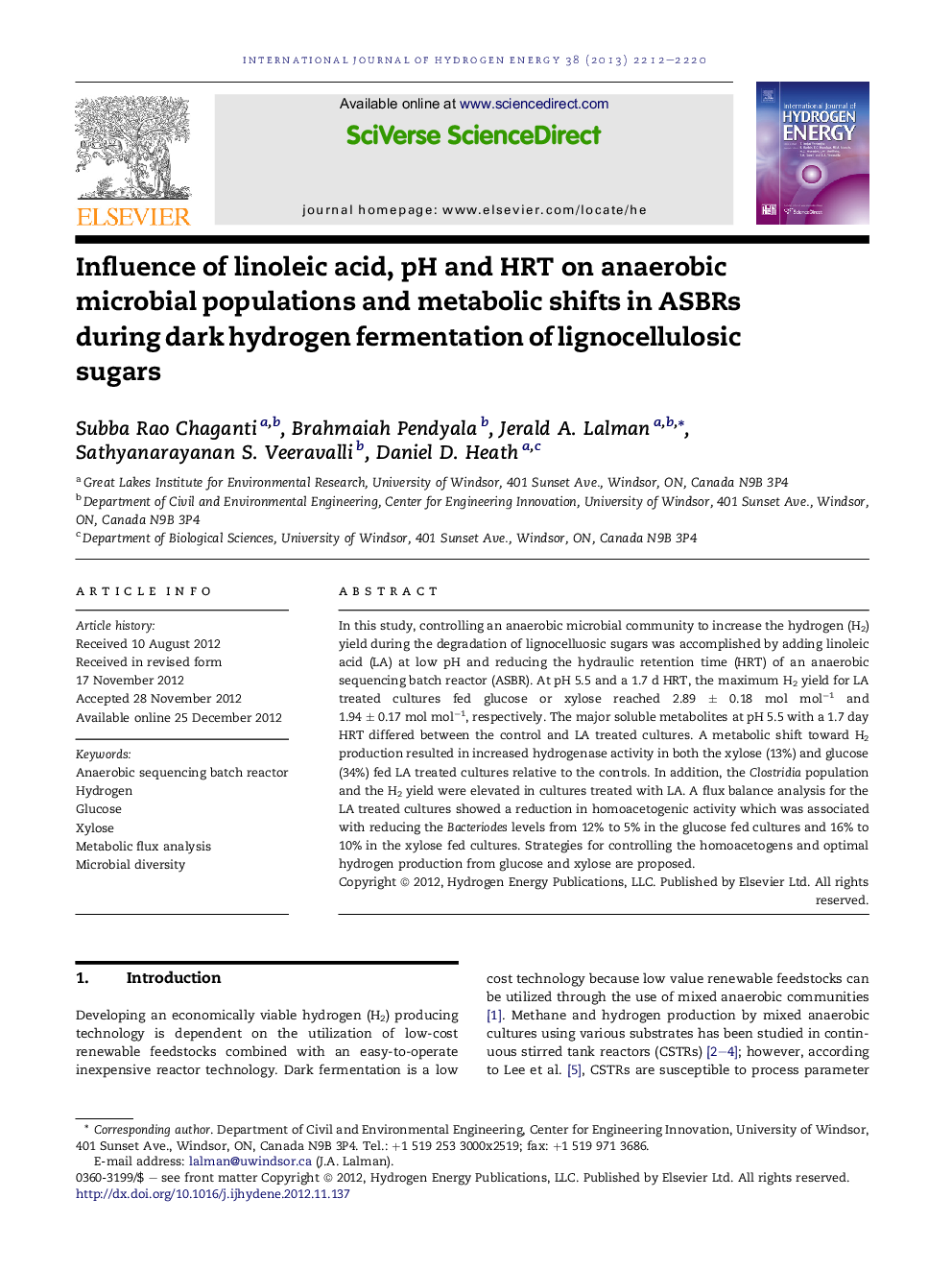 Influence of linoleic acid, pH and HRT on anaerobic microbial populations and metabolic shifts in ASBRs during dark hydrogen fermentation of lignocellulosic sugars