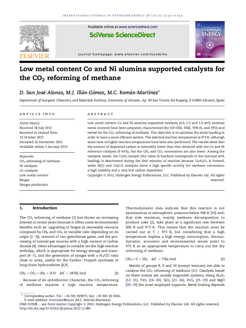 Low metal content Co and Ni alumina supported catalysts for the CO2 reforming of methane