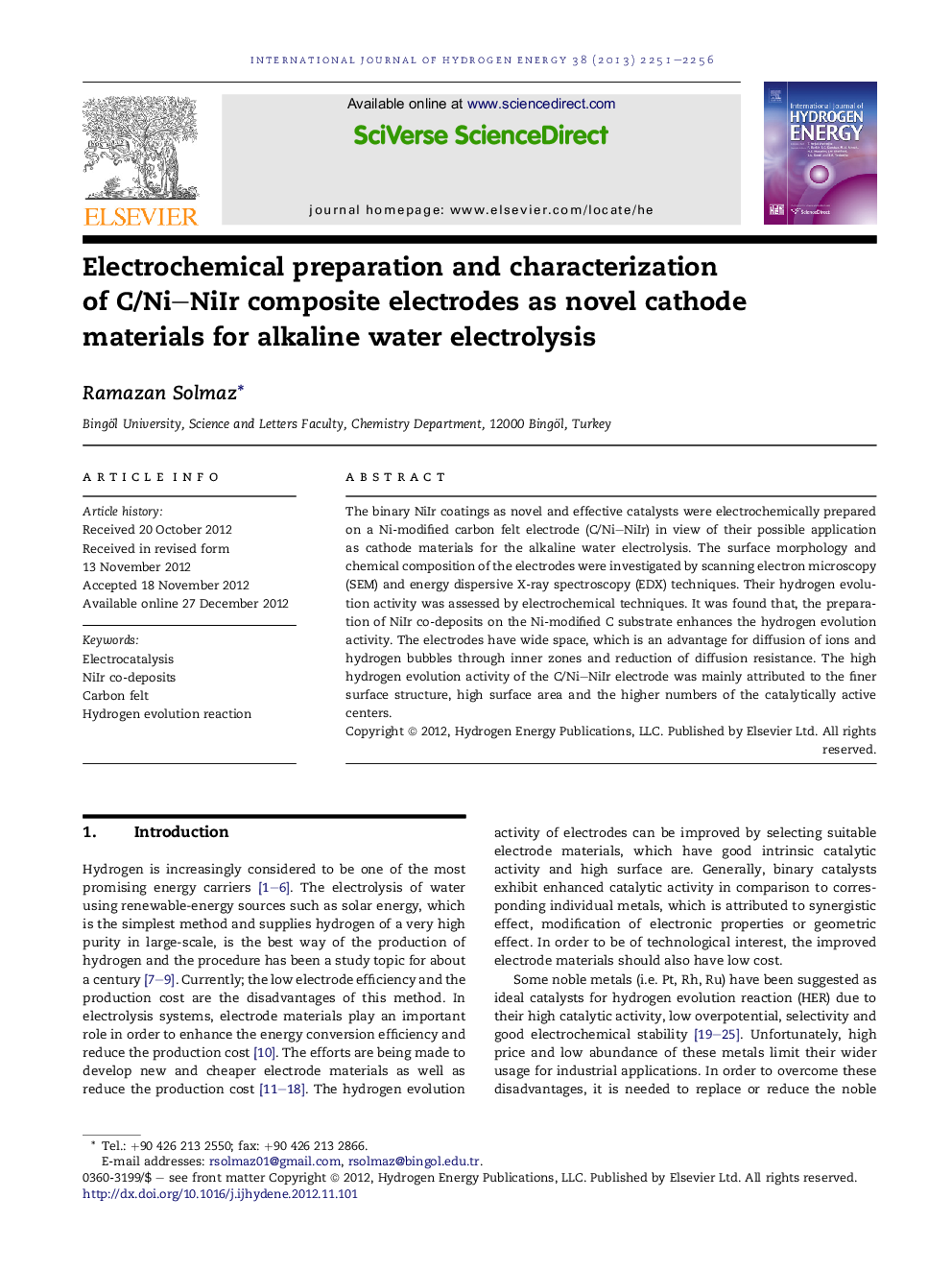 Electrochemical preparation and characterization of C/Ni–NiIr composite electrodes as novel cathode materials for alkaline water electrolysis