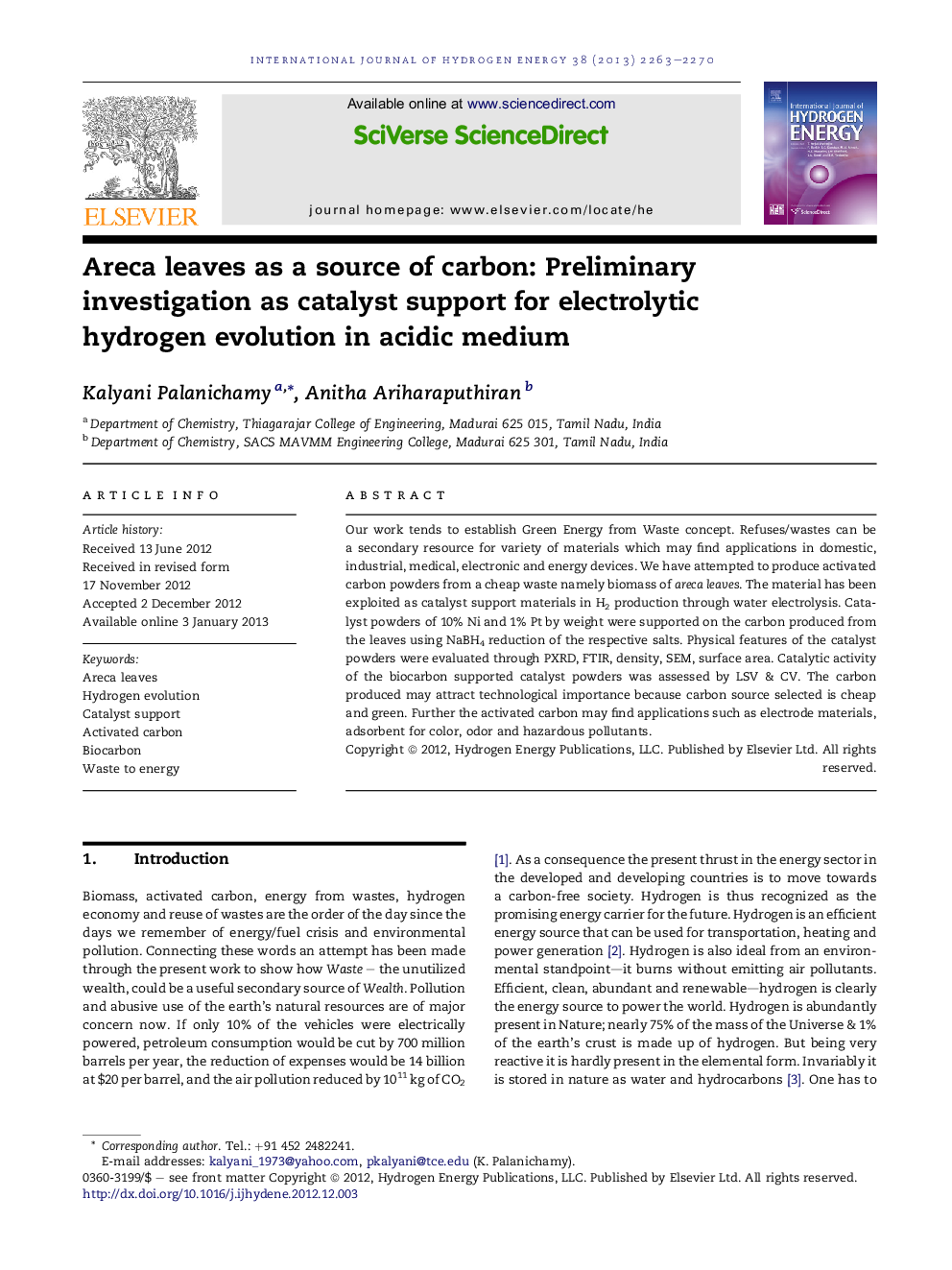 Areca leaves as a source of carbon: Preliminary investigation as catalyst support for electrolytic hydrogen evolution in acidic medium