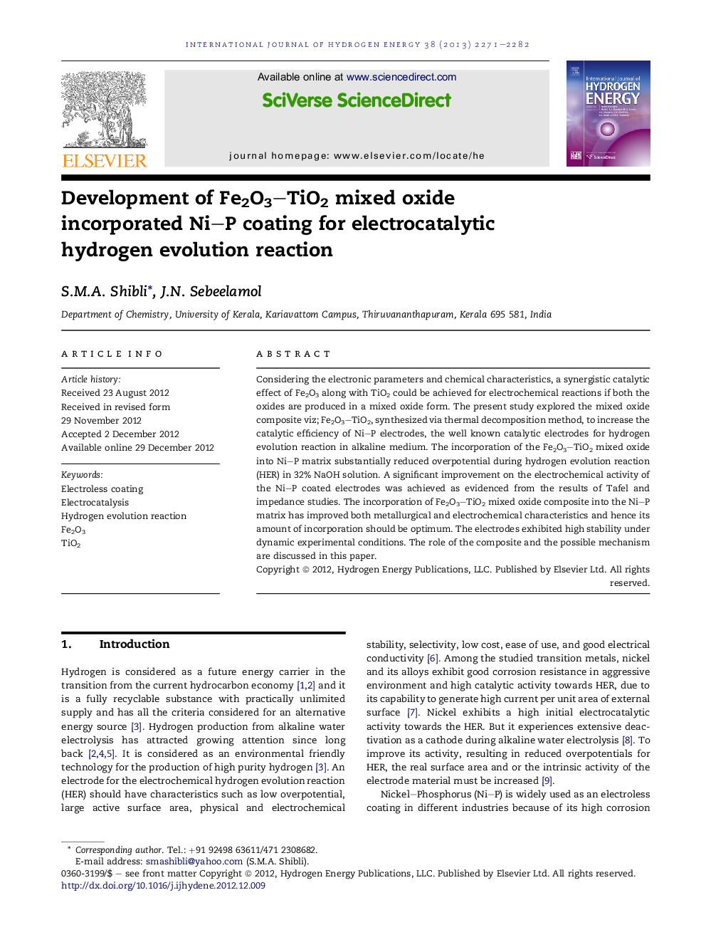 Development of Fe2O3–TiO2 mixed oxide incorporated Ni–P coating for electrocatalytic hydrogen evolution reaction