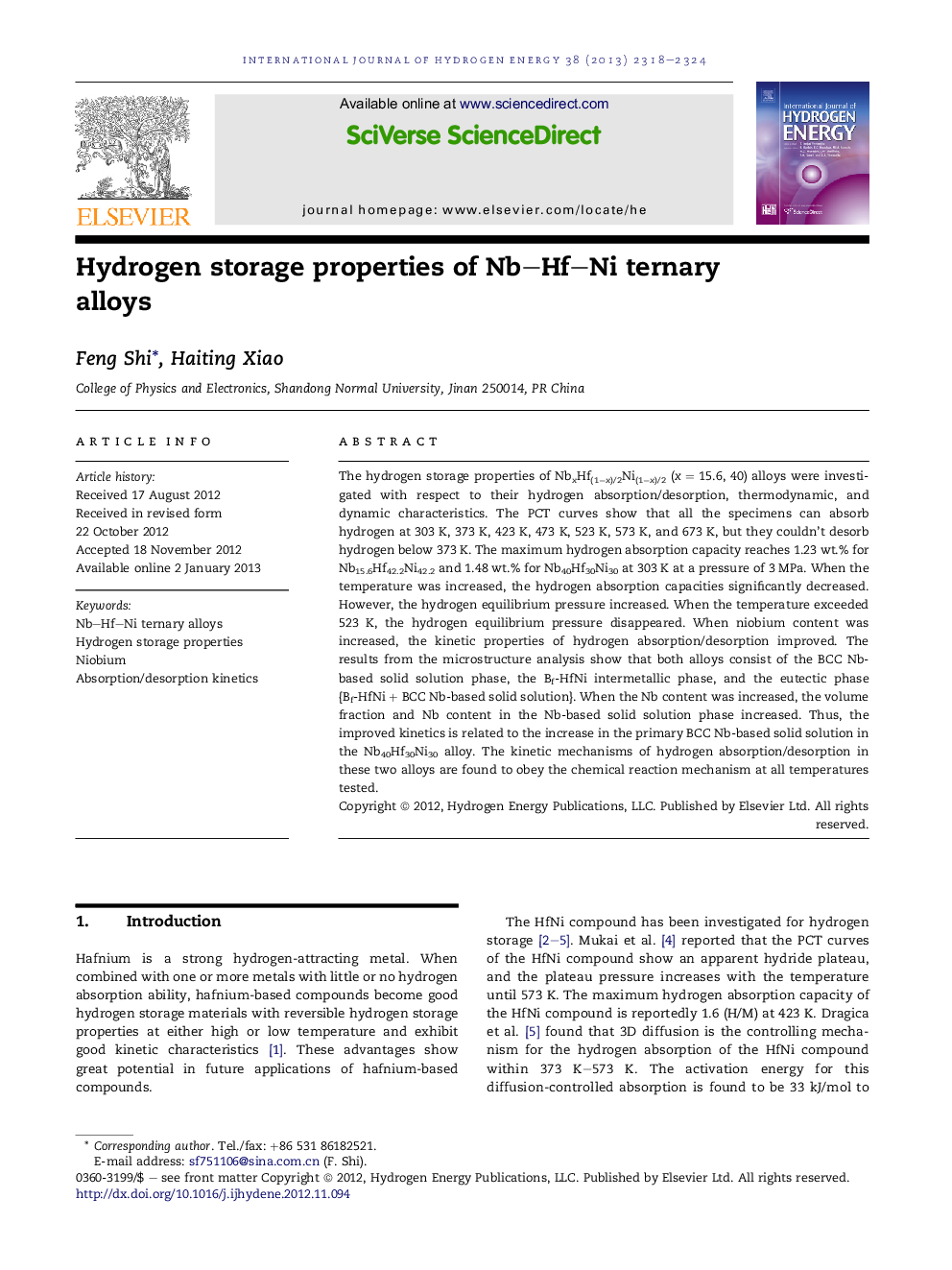 Hydrogen storage properties of Nb–Hf–Ni ternary alloys