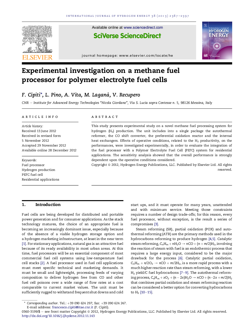 Experimental investigation on a methane fuel processor for polymer electrolyte fuel cells