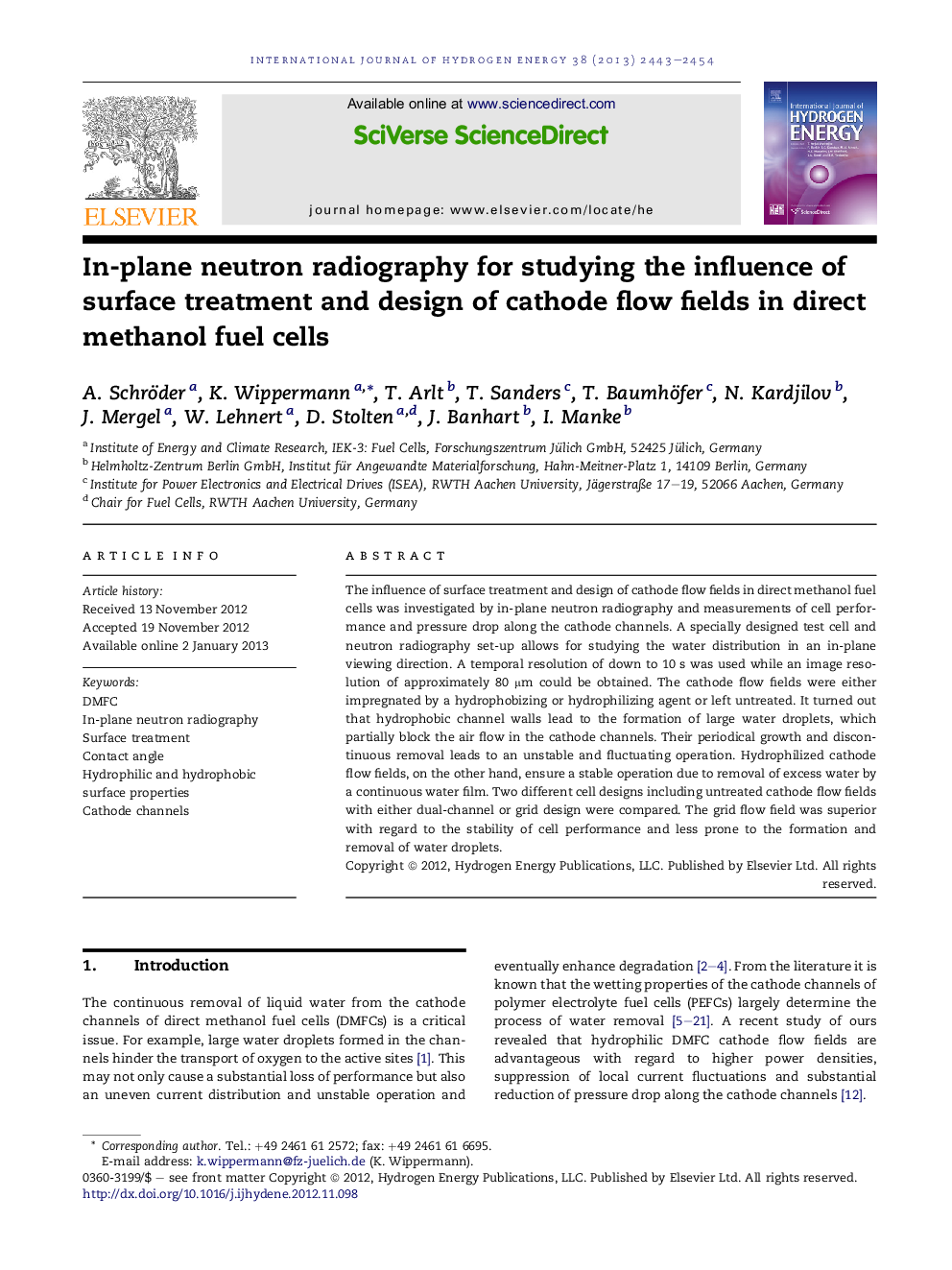 In-plane neutron radiography for studying the influence of surface treatment and design of cathode flow fields in direct methanol fuel cells