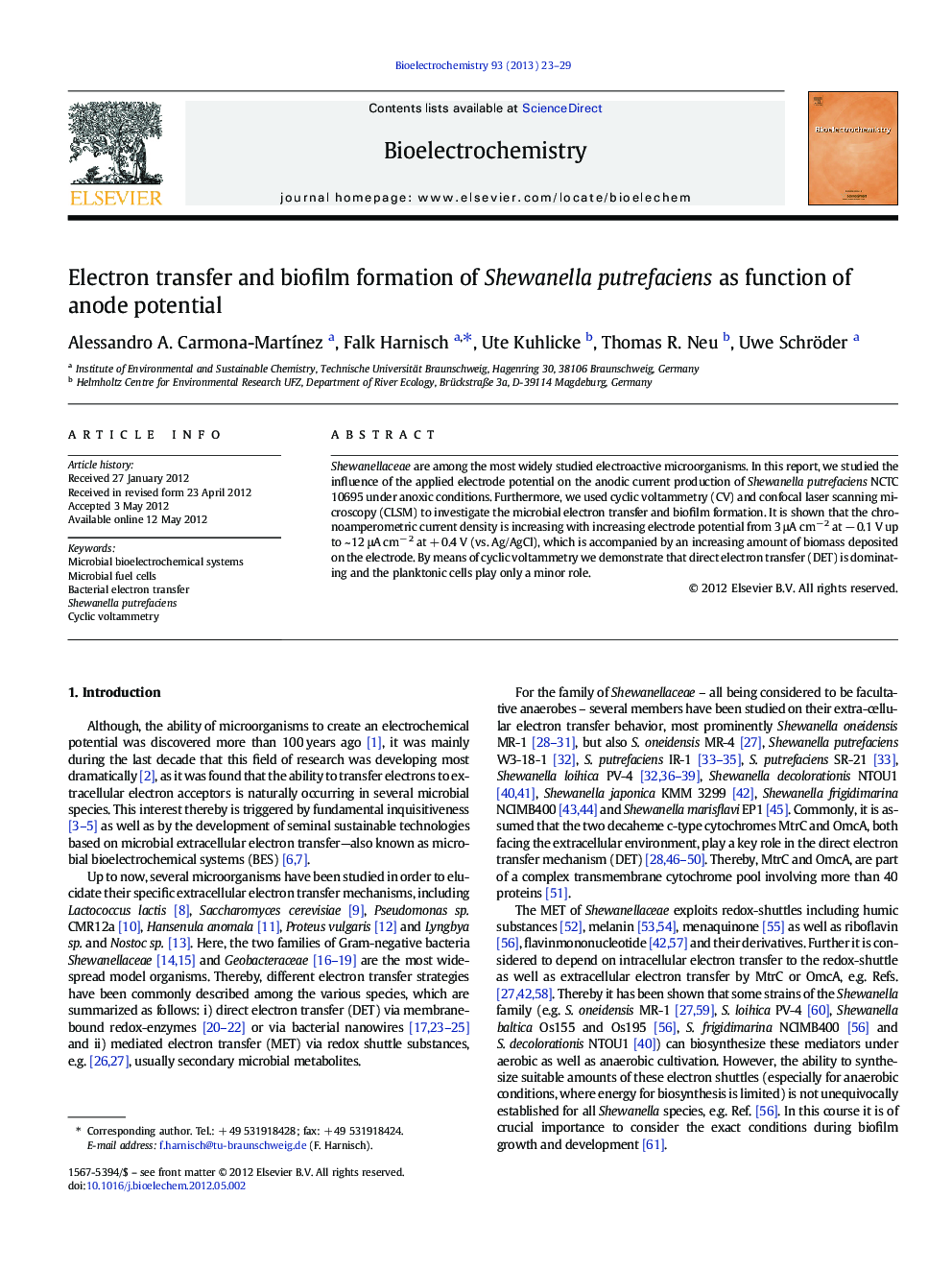 Electron transfer and biofilm formation of Shewanella putrefaciens as function of anode potential