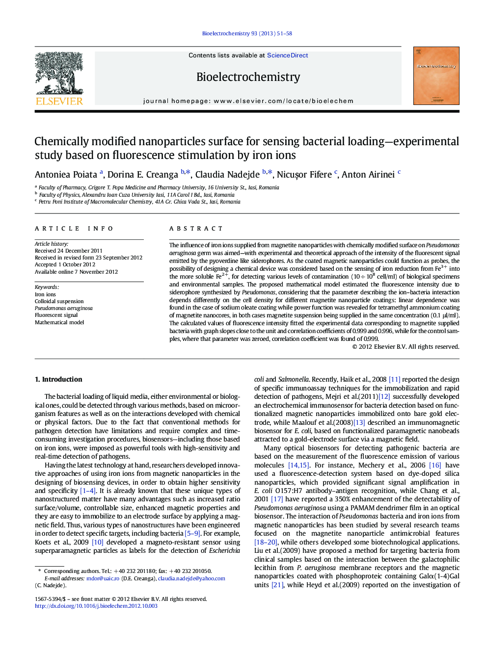 Chemically modified nanoparticles surface for sensing bacterial loading—experimental study based on fluorescence stimulation by iron ions