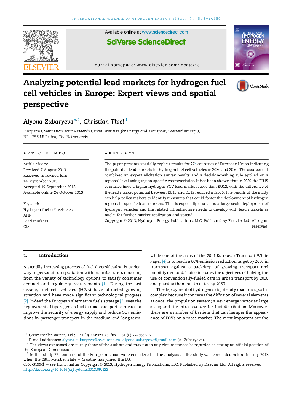 Analyzing potential lead markets for hydrogen fuel cell vehicles in Europe: Expert views and spatial perspective