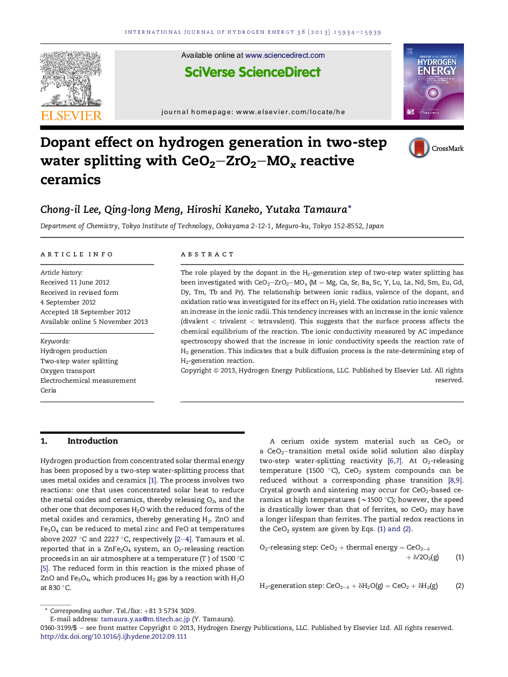 Dopant effect on hydrogen generation in two-step water splitting with CeO2–ZrO2–MOx reactive ceramics