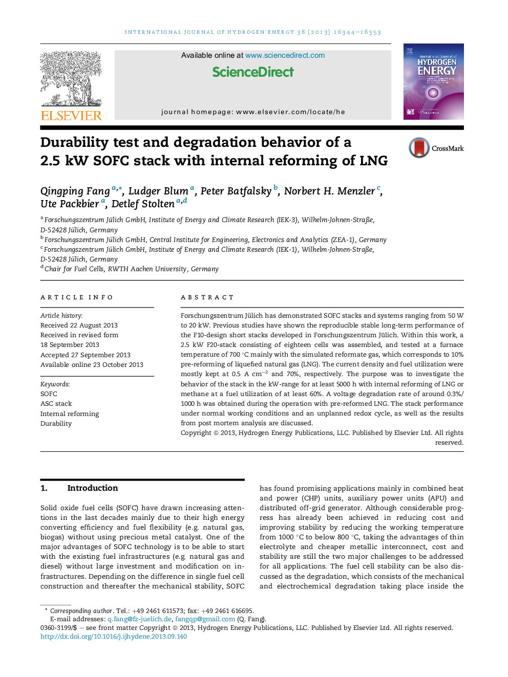 Durability test and degradation behavior of a 2.5 kW SOFC stack with internal reforming of LNG