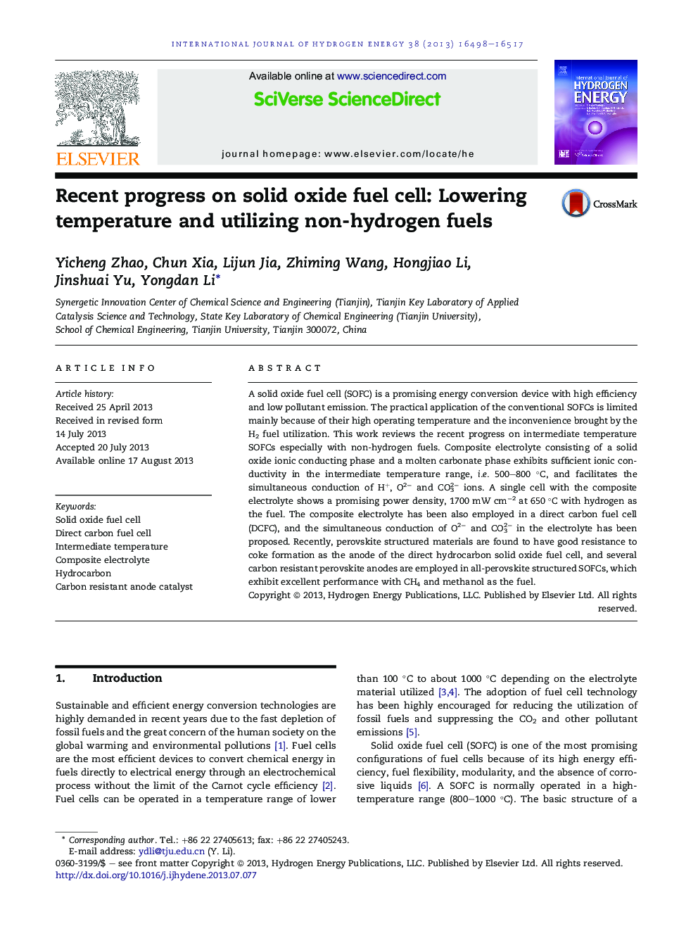 Recent progress on solid oxide fuel cell: Lowering temperature and utilizing non-hydrogen fuels