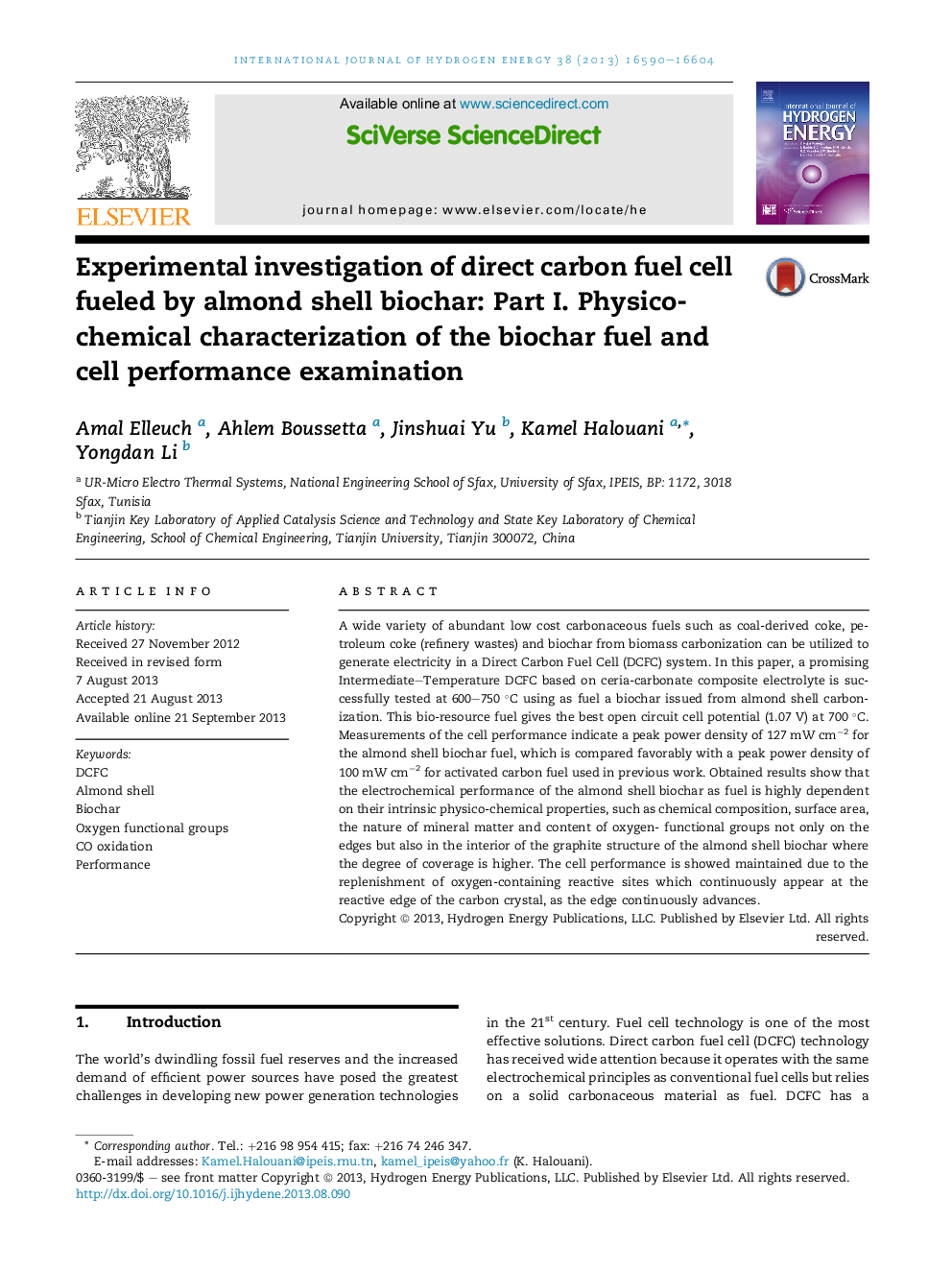 Experimental investigation of direct carbon fuel cell fueled by almond shell biochar: Part I. Physico-chemical characterization of the biochar fuel and cell performance examination