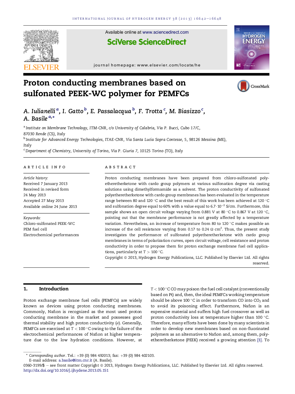 Proton conducting membranes based on sulfonated PEEK-WC polymer for PEMFCs