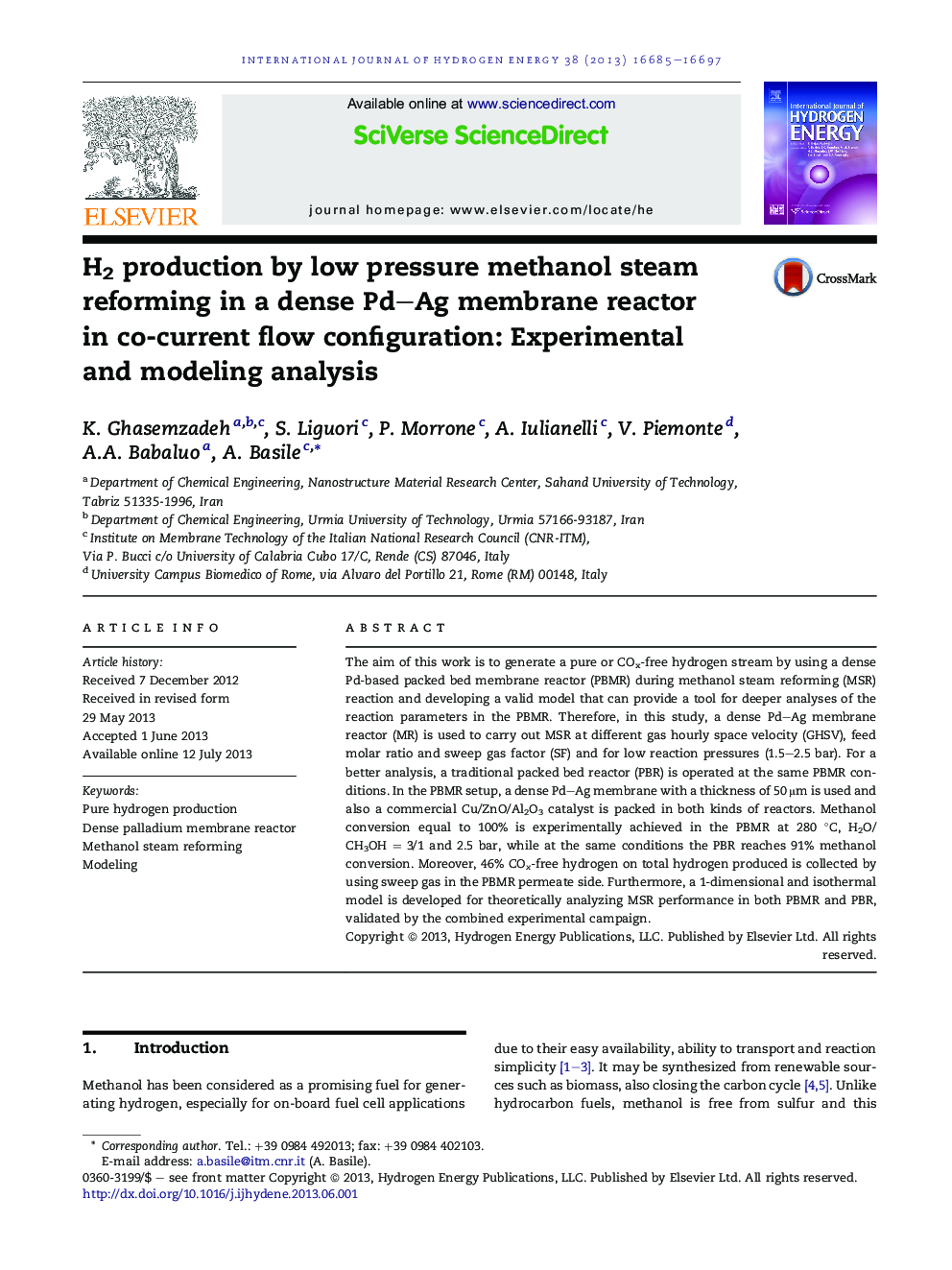 H2 production by low pressure methanol steam reforming in a dense Pd–Ag membrane reactor in co-current flow configuration: Experimental and modeling analysis