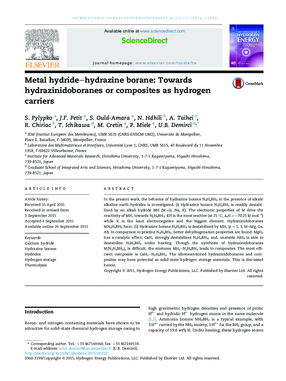 Metal hydride–hydrazine borane: Towards hydrazinidoboranes or composites as hydrogen carriers