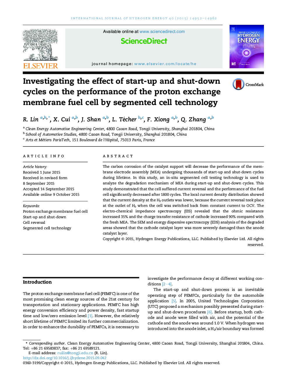 Investigating the effect of start-up and shut-down cycles on the performance of the proton exchange membrane fuel cell by segmented cell technology