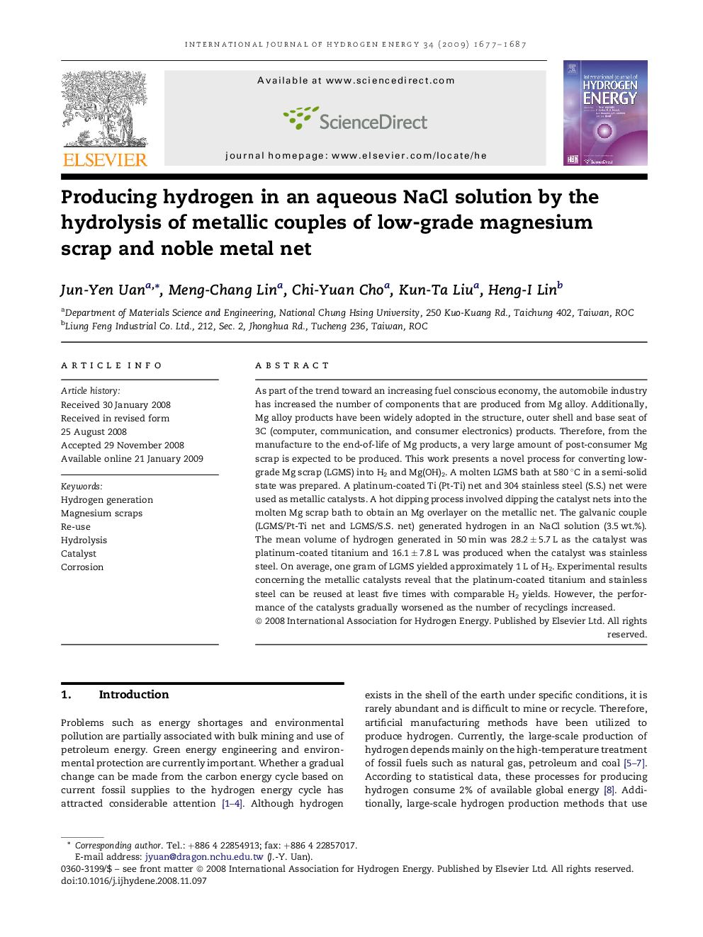 Producing hydrogen in an aqueous NaCl solution by the hydrolysis of metallic couples of low-grade magnesium scrap and noble metal net