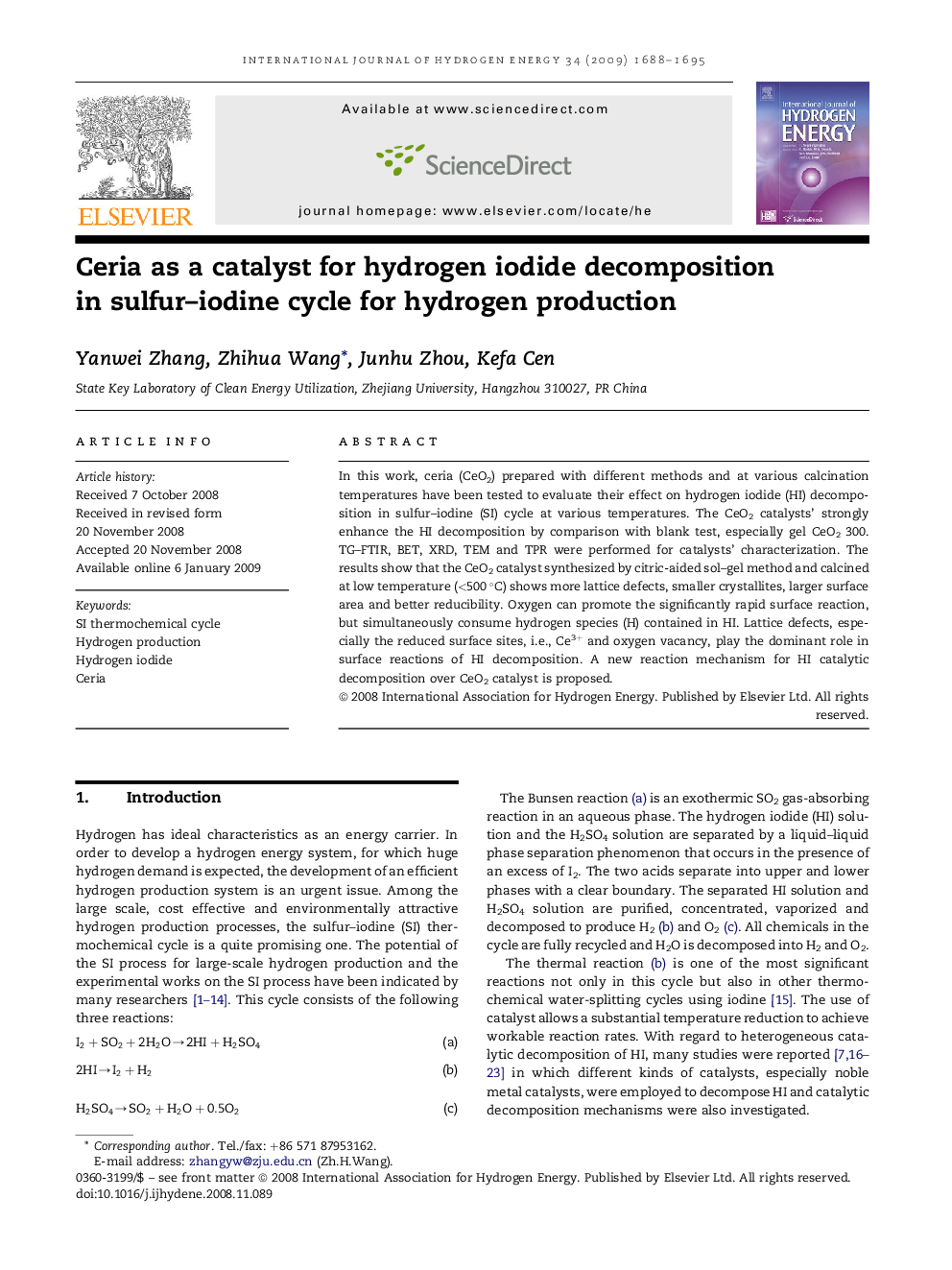 Ceria as a catalyst for hydrogen iodide decomposition in sulfur–iodine cycle for hydrogen production