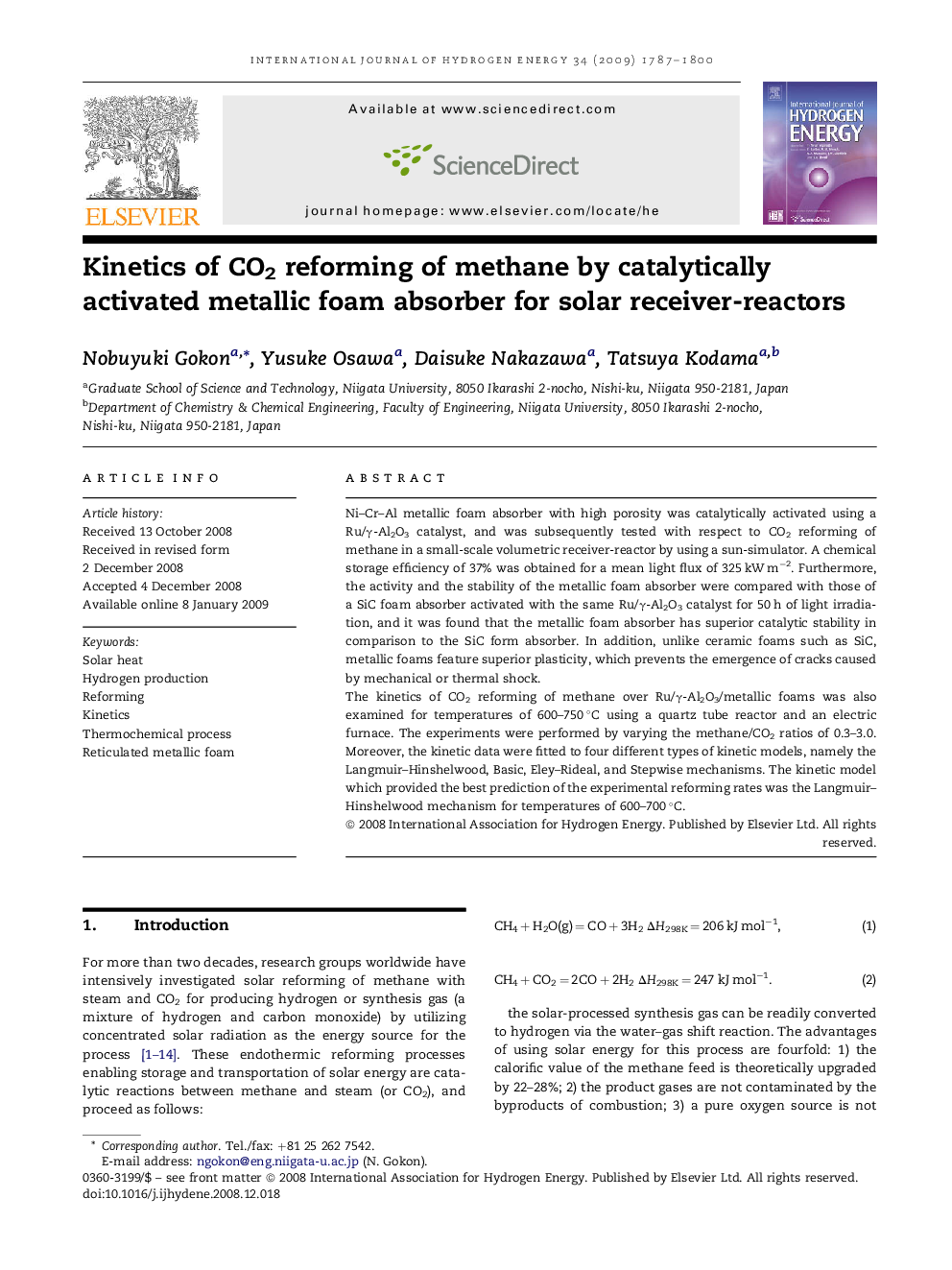 Kinetics of CO2 reforming of methane by catalytically activated metallic foam absorber for solar receiver-reactors