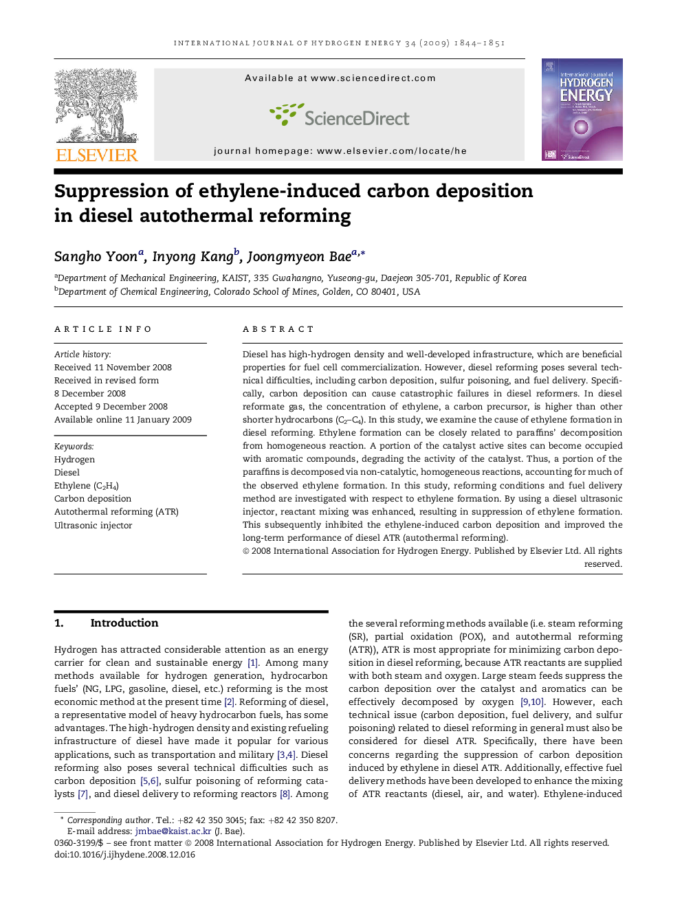 Suppression of ethylene-induced carbon deposition in diesel autothermal reforming