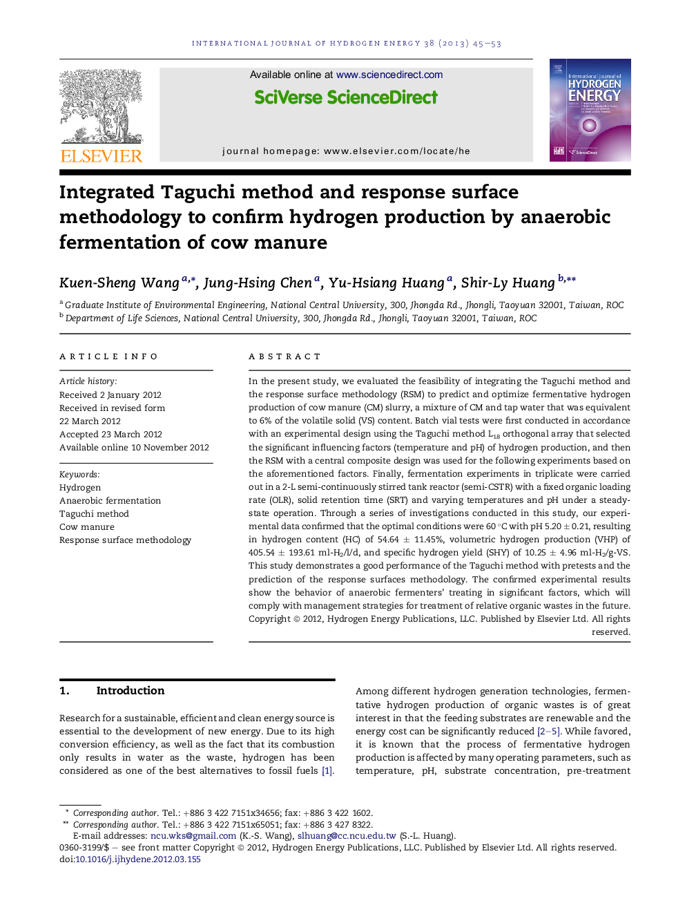 Integrated Taguchi method and response surface methodology to confirm hydrogen production by anaerobic fermentation of cow manure