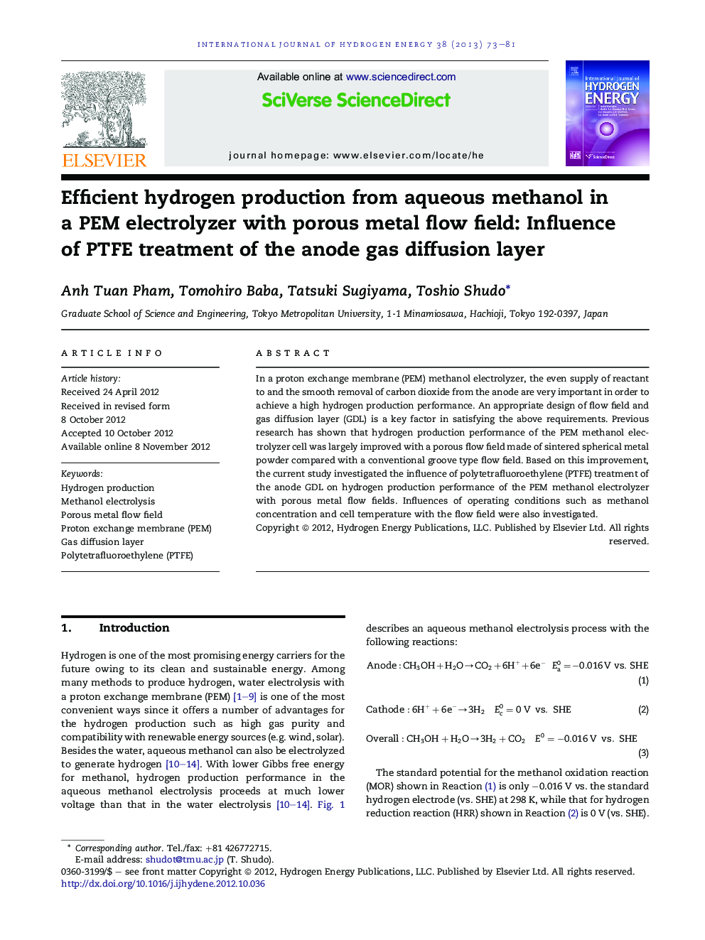 Efficient hydrogen production from aqueous methanol in a PEM electrolyzer with porous metal flow field: Influence of PTFE treatment of the anode gas diffusion layer